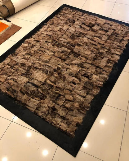 Brown Fluffy Natural Sheepskin Rug with Black Border, Handmade Fur Carpet