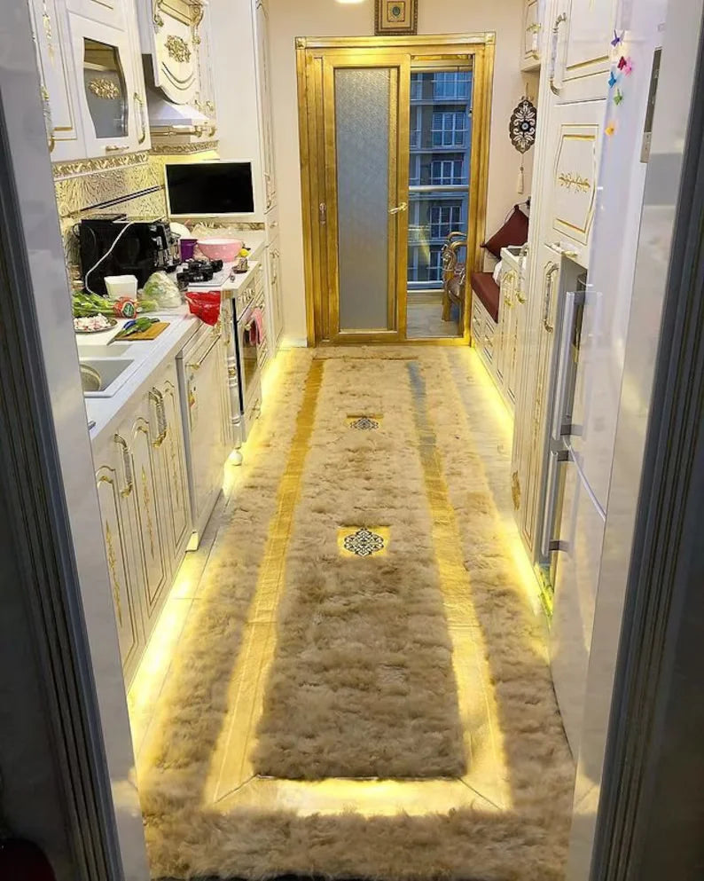 Ultra Soft Long Beige Natural Sheepskin Runner Rug, Handmade Elegance