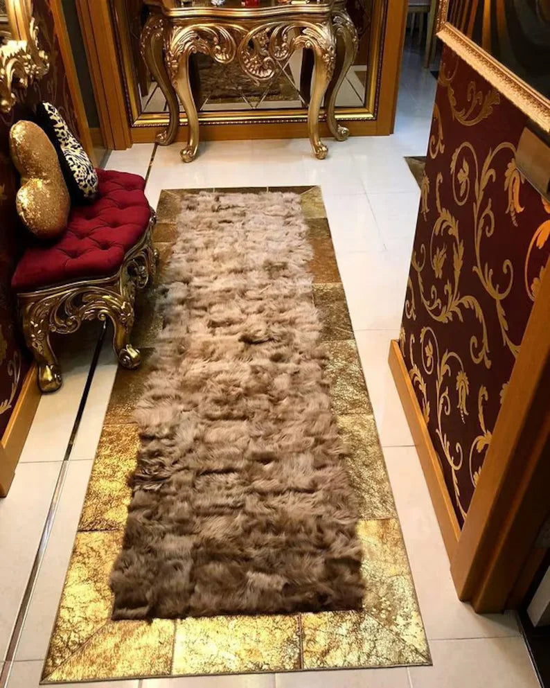 Brown Gold Genuine Sheepskin Area Rug, Handmade Soft Hallway Runner Rug