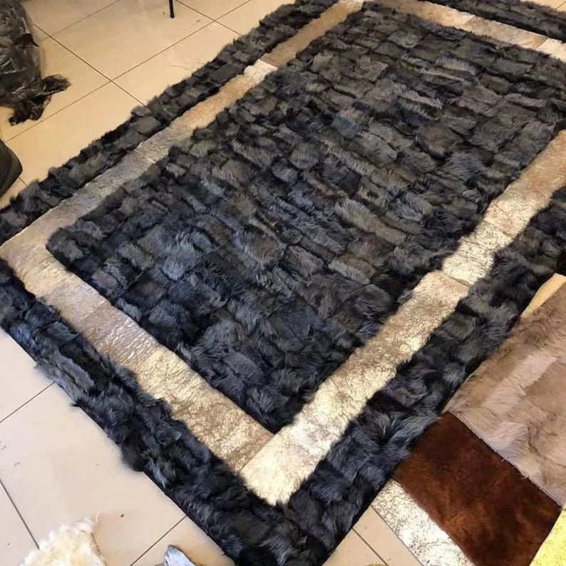 Gray Gold Real Sheepskin Leather Soft Area Rug, Handmade Modern Fluffy Rug
