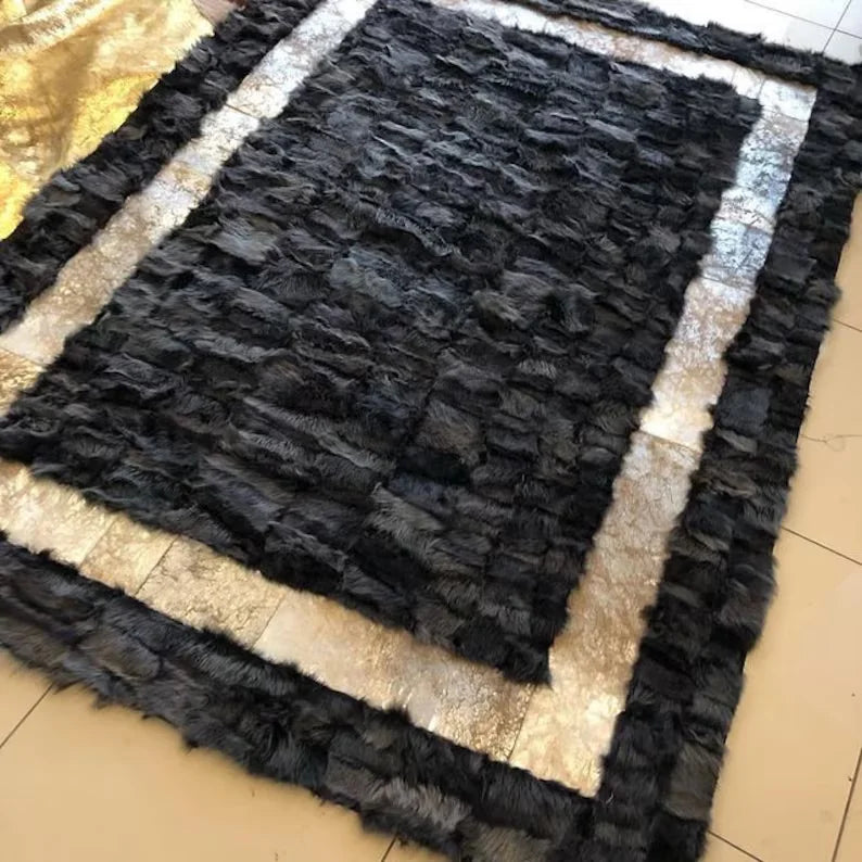 Gray Gold Real Sheepskin Leather Soft Area Rug, Handmade Modern Fluffy Rug