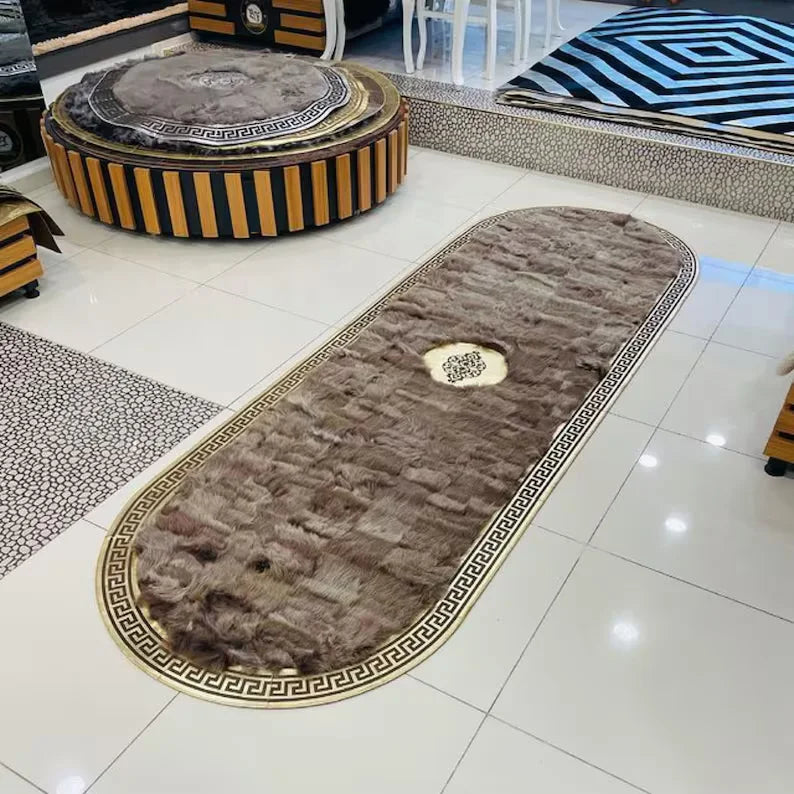 Unique Natural Sheepskin Runner Rug, Handmade Fluffy Oval Rug