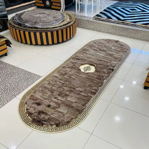 Unique Natural Sheepskin Runner Rug, Handmade Fluffy Oval Rug