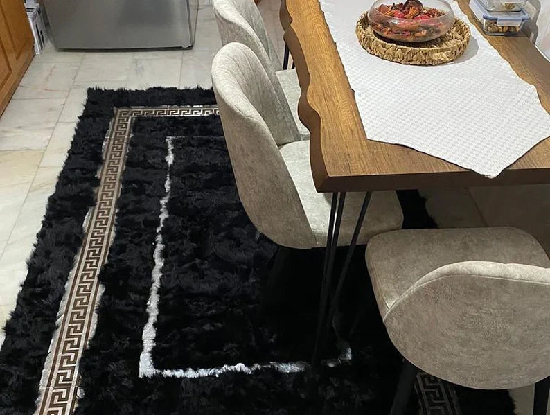  Black Natural Sheep Leather Area Rug, Handmade Large Indoor Rug