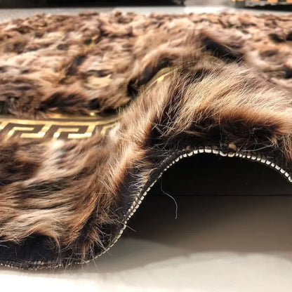 Brown Gold Sheepskin Area Rug with Greek Key Pattern, Natural Handmade Rug