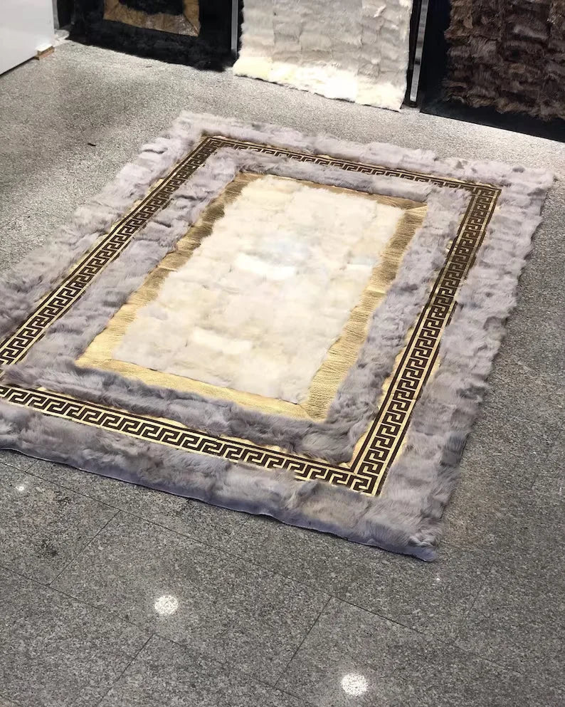 Handmade High Quality Natural Sheepskin Area Rug, Gray White Fluffy Rug