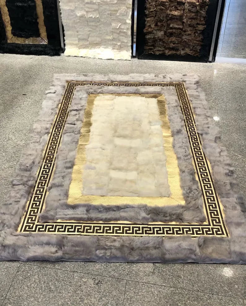 Handmade High Quality Natural Sheepskin Area Rug, Gray White Fluffy Rug