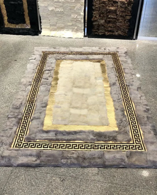 Handmade High Quality Natural Sheepskin Area Rug, Gray White Fluffy Rug