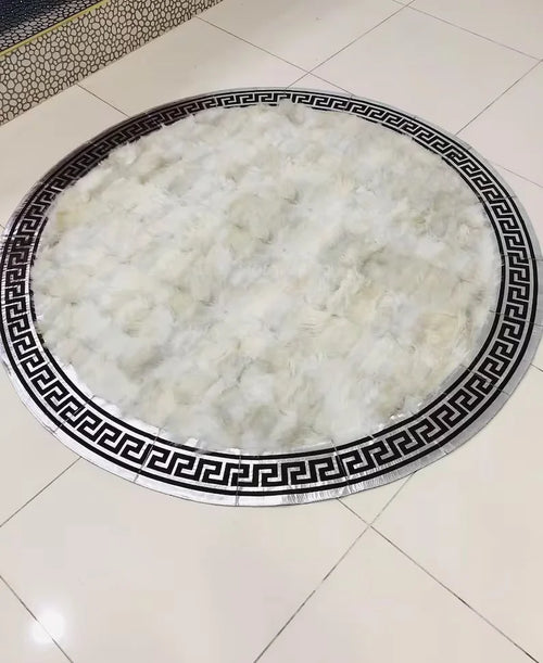 White Silver Real Sheepskin Round Rug, Handmade Plush Soft Carpet