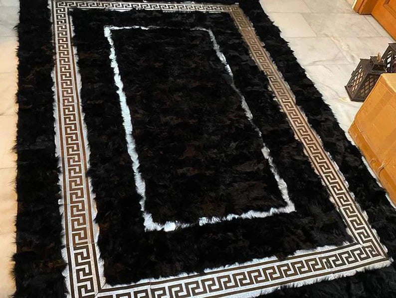 Black Natural Sheep Leather Area Rug, Handmade Large Indoor Rug