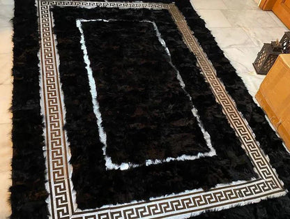 Black Natural Sheep Leather Area Rug, Handmade Large Indoor Rug