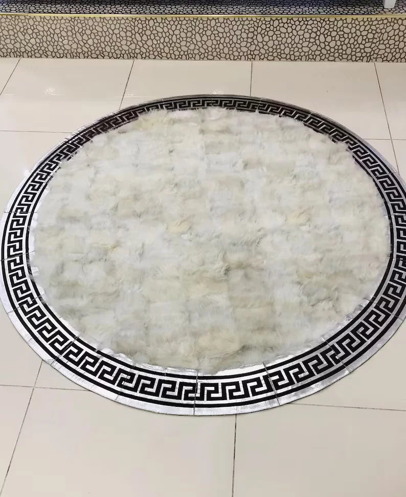 White Silver Real Sheepskin Round Rug, Handmade Plush Soft Carpet