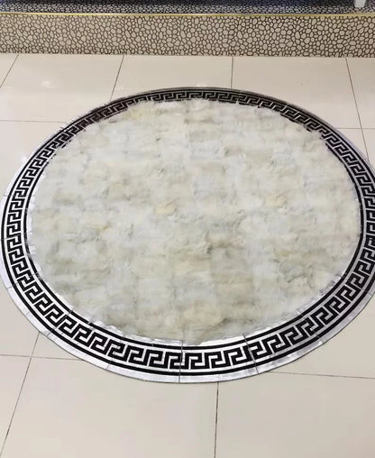 White Silver Real Sheepskin Round Rug, Handmade Plush Soft Carpet
