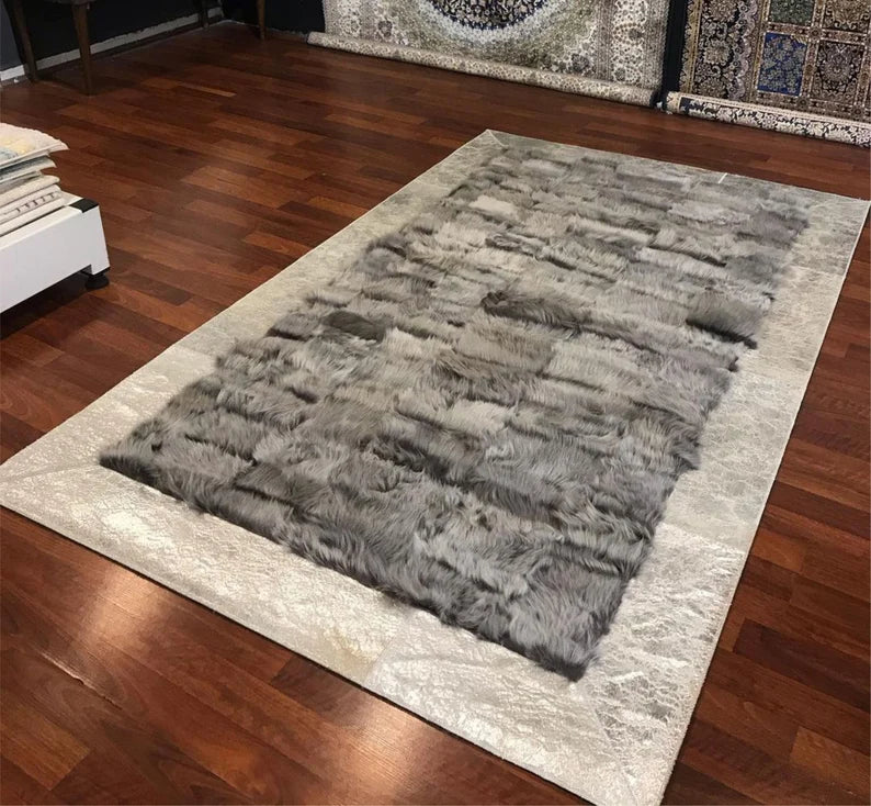 Unique Natural Lambskin Fur Rug, Handmade Sheepskin Area Rug for Living Room
