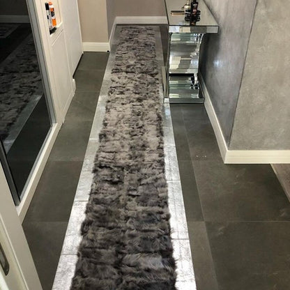 Plush Natural Sheepskin Runner Rug for Corridor, Silver Border Carpet