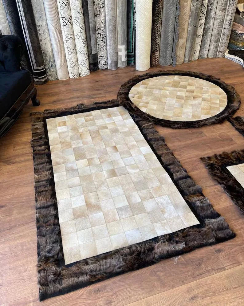 Gray Beige Natural Leather Handmade Area Rug, Real Sheepskin 8x10 Rug