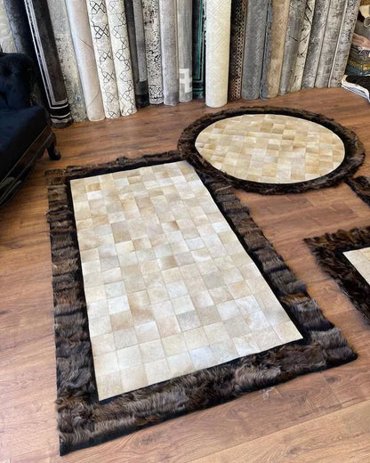 Gray Beige Natural Leather Handmade Area Rug, Real Sheepskin 8x10 Rug