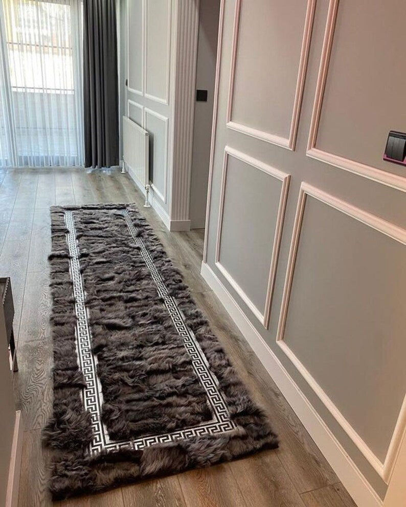 Unique Gray Real Sheepskin Area Rug, Large Handmade Fluffy Area Rug