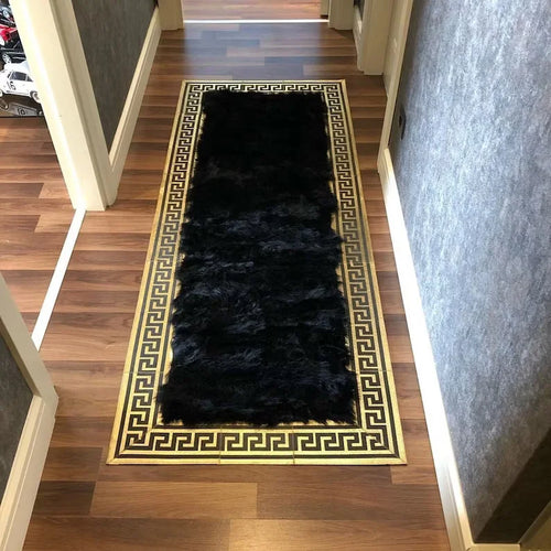 Gold Black Luxury Natural Sheepskin Runner Rug For Hallway, Handmade Rug