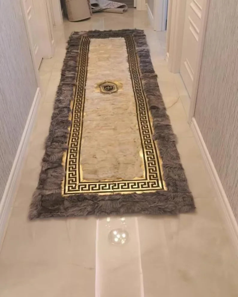 White Gray Soft Runner Rug for Hallway, Natural Handmade Sheepskin Carpet