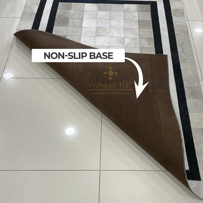 White Cowhide Patchwork Rug with Black Borders, Handmade Natural Area Rug