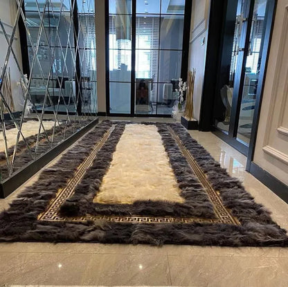 Gray and Cream Natural Sheepskin Runner Rug, Handmade Luxury Hallway Rug