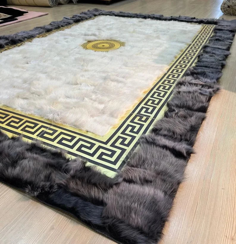 Gray White Unique Handmade Genuine Sheepskin Area Rug, Luxury Home Decor
