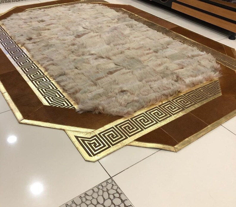 Brown Natural Sheepskin Rug, Unique Handmade Modern Area Rug