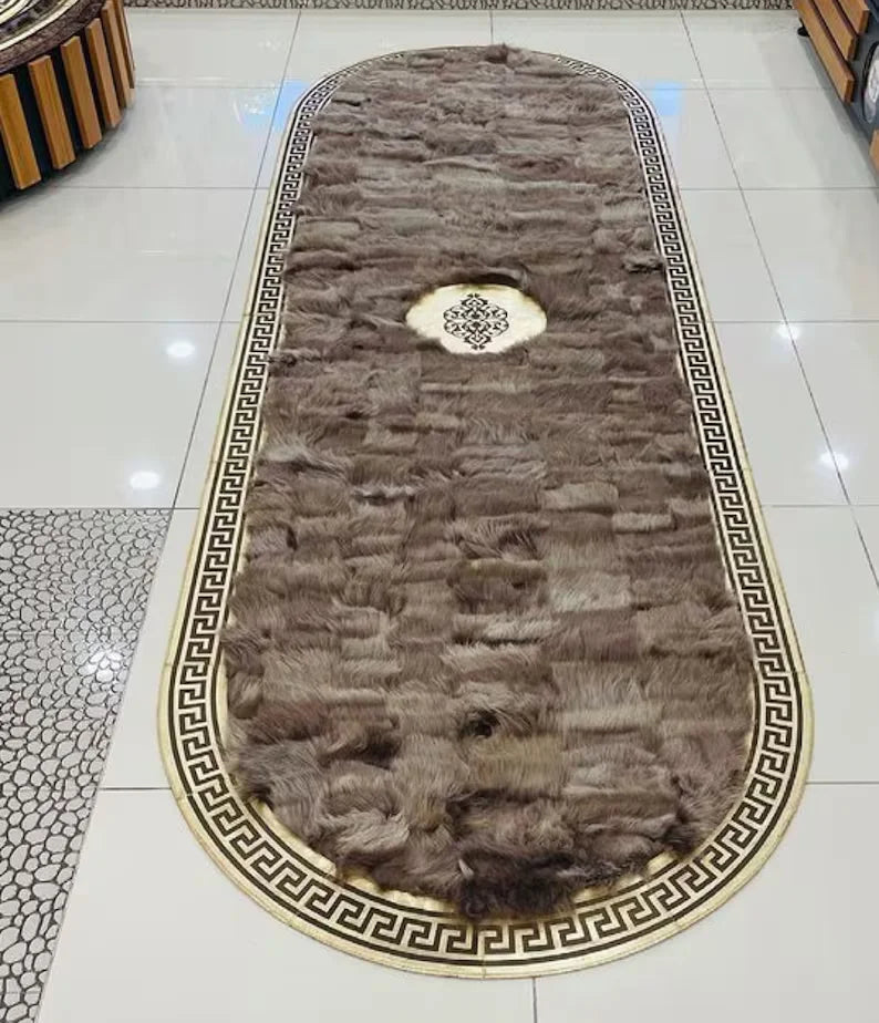 Unique Natural Sheepskin Runner Rug, Handmade Fluffy Oval Rug