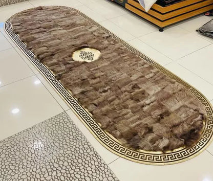 Unique Natural Sheepskin Runner Rug, Handmade Fluffy Oval Rug