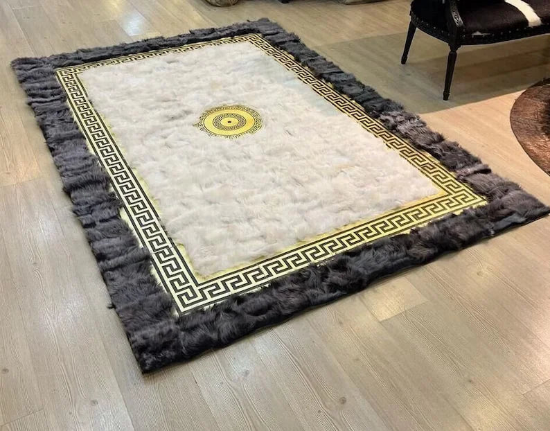 Gray White Unique Handmade Genuine Sheepskin Area Rug, Luxury Home Decor