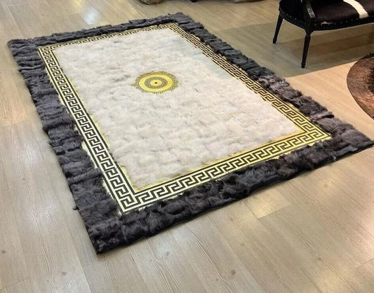 Gray White Unique Handmade Genuine Sheepskin Area Rug, Luxury Home Decor