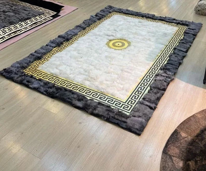 Gray White Unique Handmade Genuine Sheepskin Area Rug, Luxury Home Decor