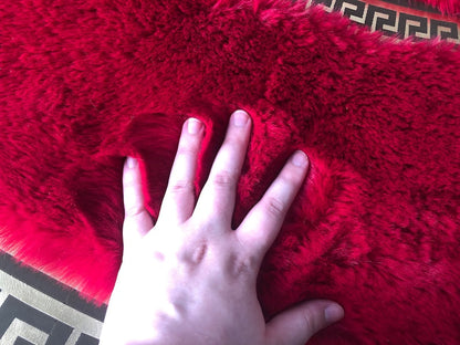 Elegant Gold and Red Faux fur Round Rug, Handmade Plush Area Rug
