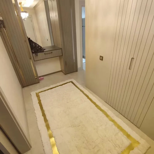 Elegant White Gold Handmade Sheepskin Runner Rug for Entrance, Handmade Fluffy Rug