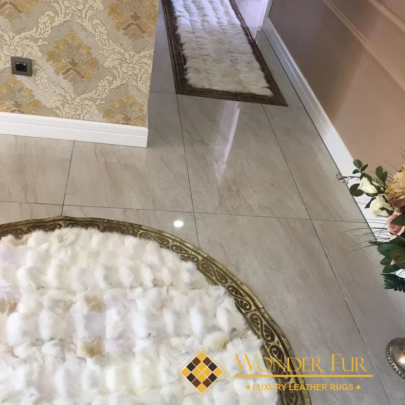 White Ultra Soft Fluffy Shaggy Natural Fox fur Round Rug, Handmade Elegance