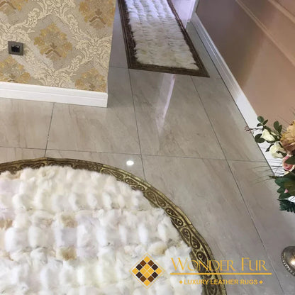 White Ultra Soft Fluffy Shaggy Natural Fox fur Round Rug, Handmade Elegance