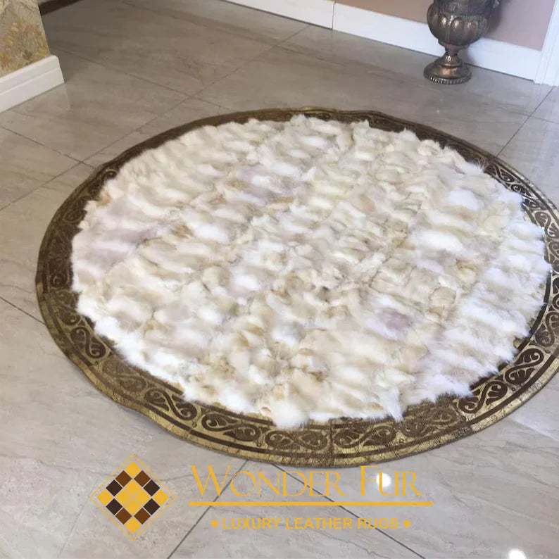 White Ultra Soft Fluffy Shaggy Natural Fox fur Round Rug, Handmade Elegance