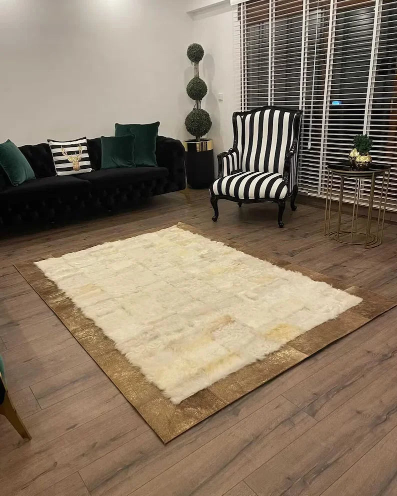 Cream Fluffy Shaggy Sheepskin Area Rug, Modern Plush Handmade Area Rug