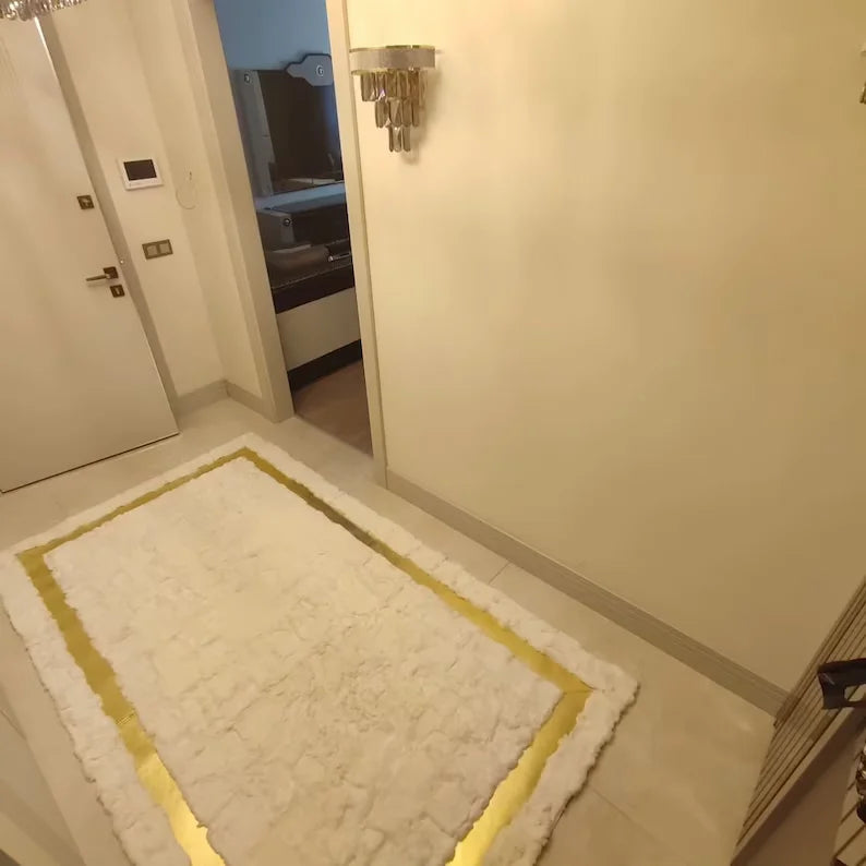 Elegant White Gold Handmade Sheepskin Runner Rug for Entrance, Handmade Fluffy Rug