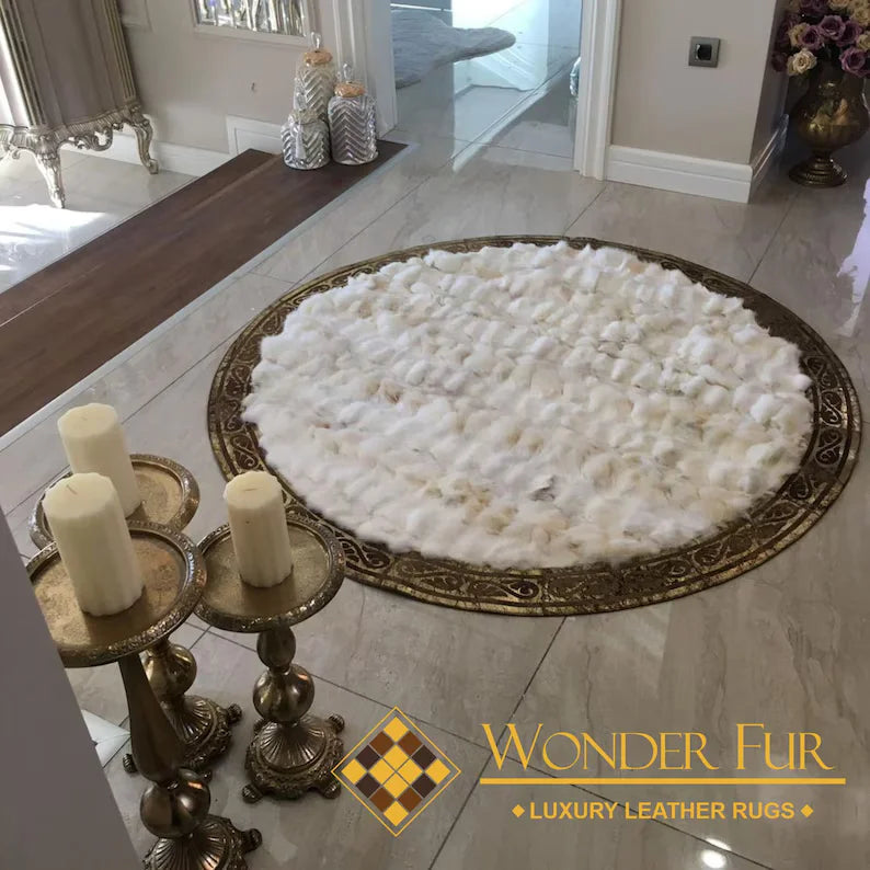 White Ultra Soft Fluffy Shaggy Natural Fox fur Round Rug, Handmade Elegance
