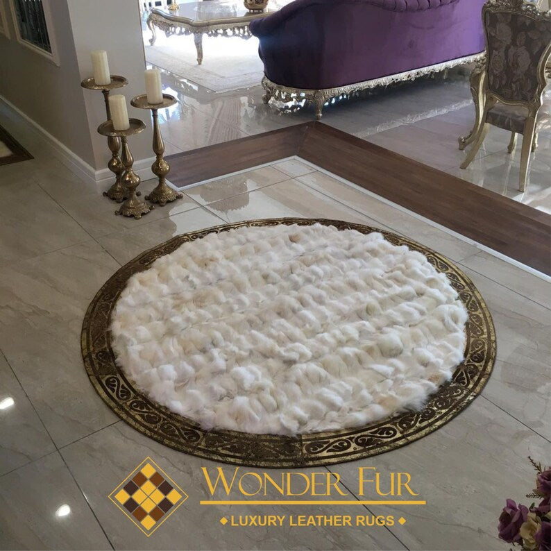 White Ultra Soft Fluffy Shaggy Natural Fox fur Round Rug, Handmade Elegance