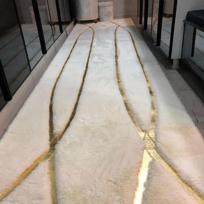 Luxury White and Gold Fluffy Plush Rug, Handmade Faux Fur Bedroom Rug