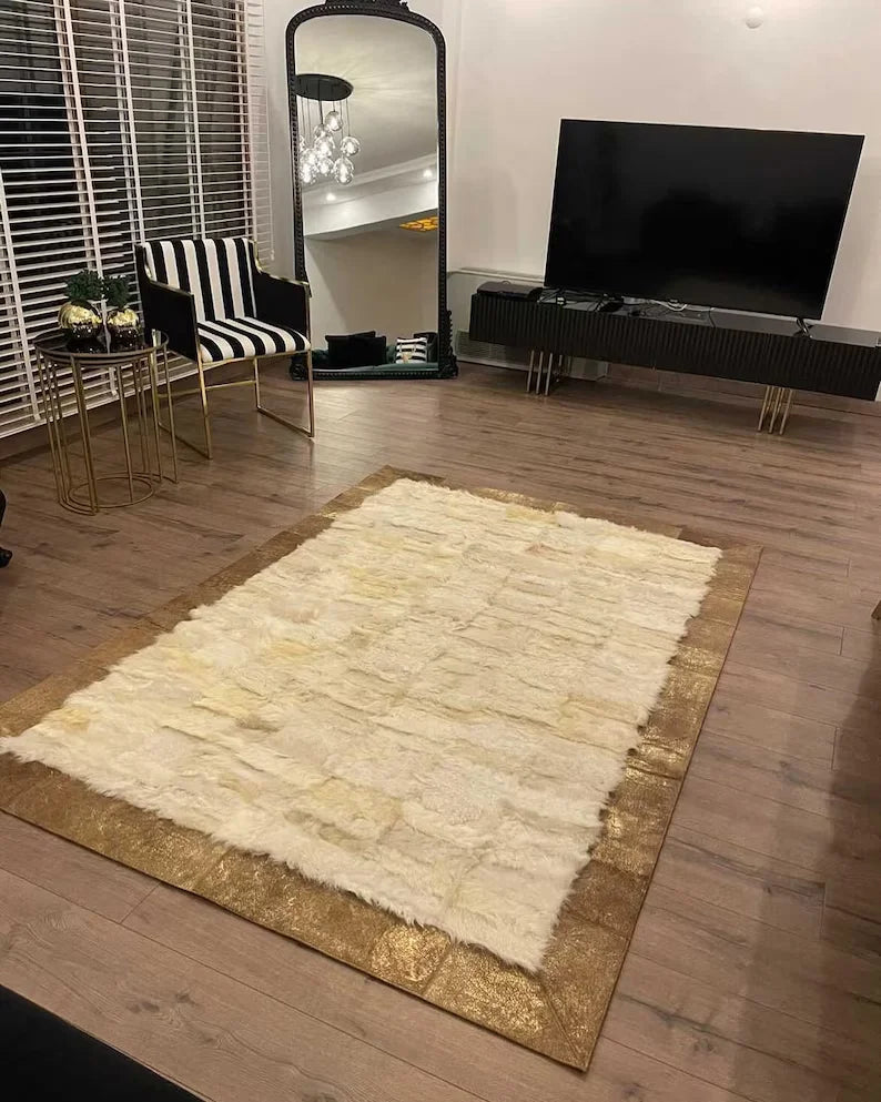 Cream Fluffy Shaggy Sheepskin Area Rug, Modern Plush Handmade Area Rug