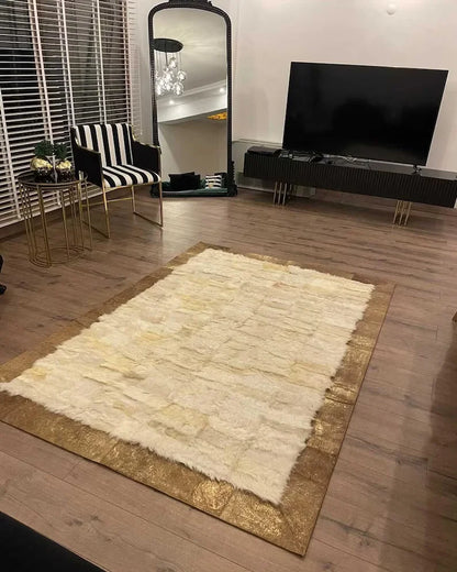 Cream Fluffy Shaggy Sheepskin Area Rug, Modern Plush Handmade Area Rug