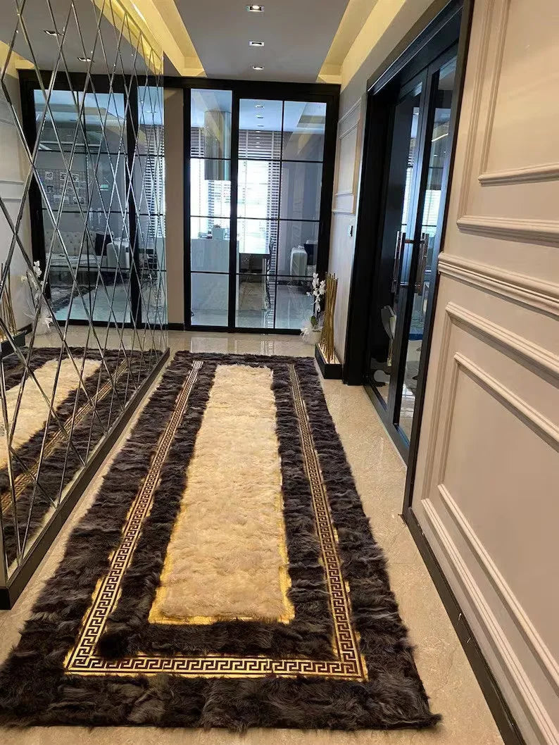 Gray and Cream Natural Sheepskin Runner Rug, Handmade Luxury Hallway Rug