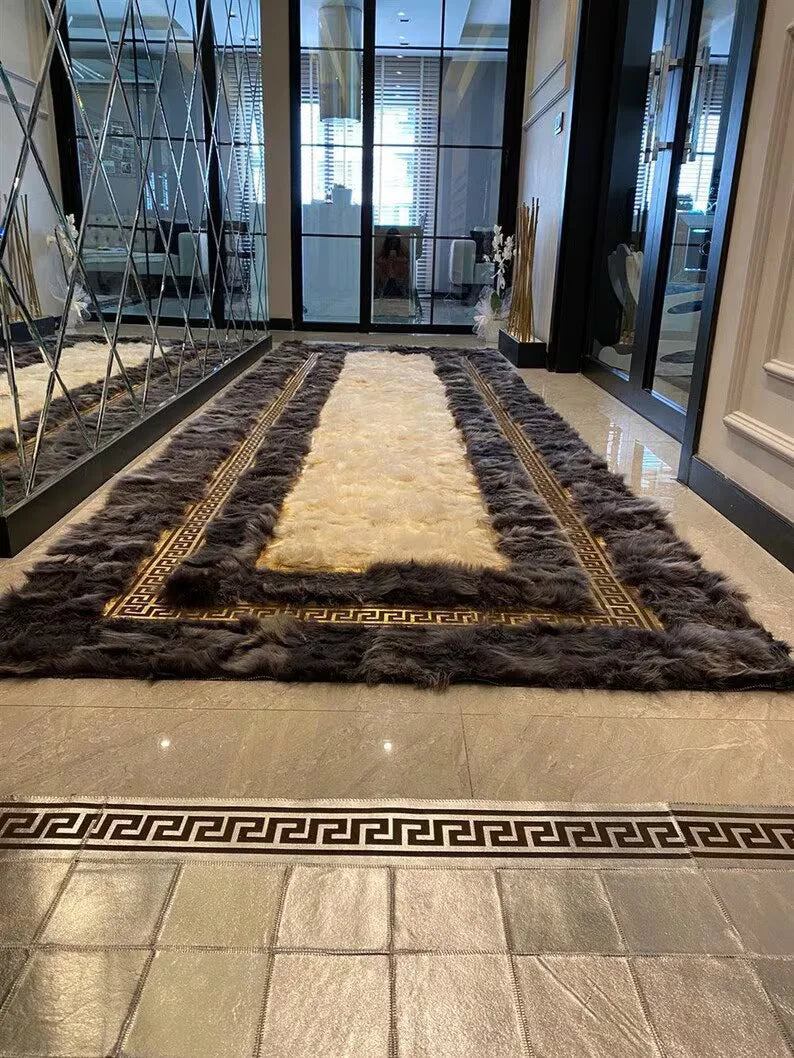 Gray and Cream Natural Sheepskin Runner Rug, Handmade Luxury Hallway Rug