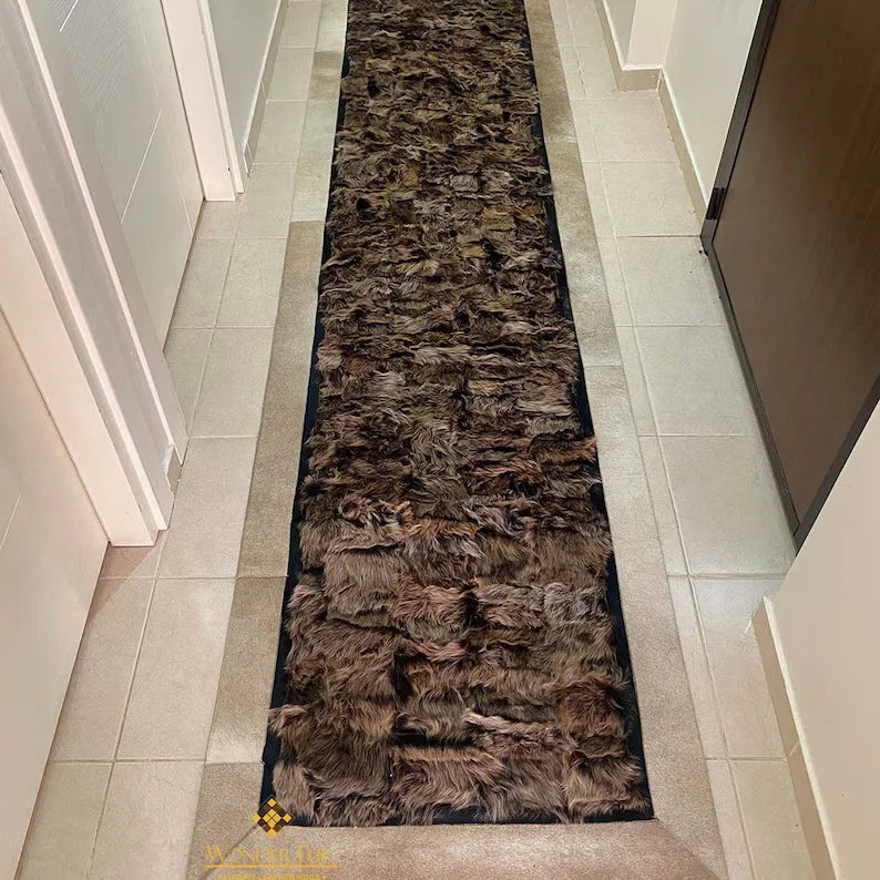 Brown Luxury Sheepskin Runner Rug, Natural Leather Handmade Soft Rug