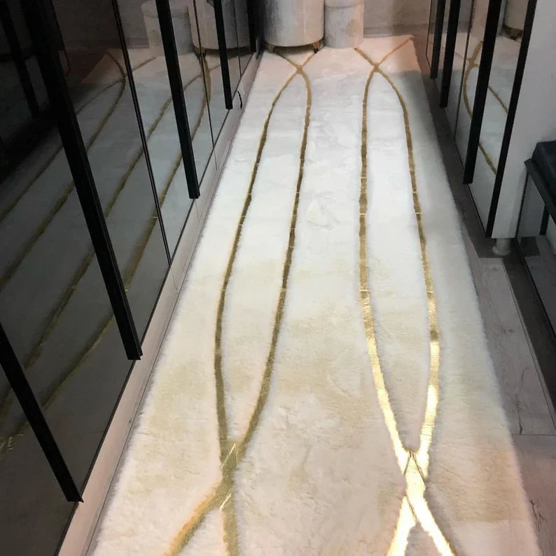 Luxury White and Gold Fluffy Plush Rug, Handmade Faux Fur Bedroom Rug