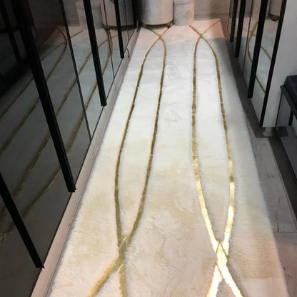 Luxury White and Gold Fluffy Plush Rug, Handmade Faux Fur Bedroom Rug